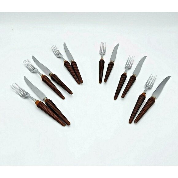 Sheffield SS Cutlery-Faux Stag Bakelite Handles-Set of 6 Knives & Forks-Vintage - Picture 1 of 5